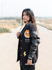 Black G With Leather Sleeves Varsity Jacket