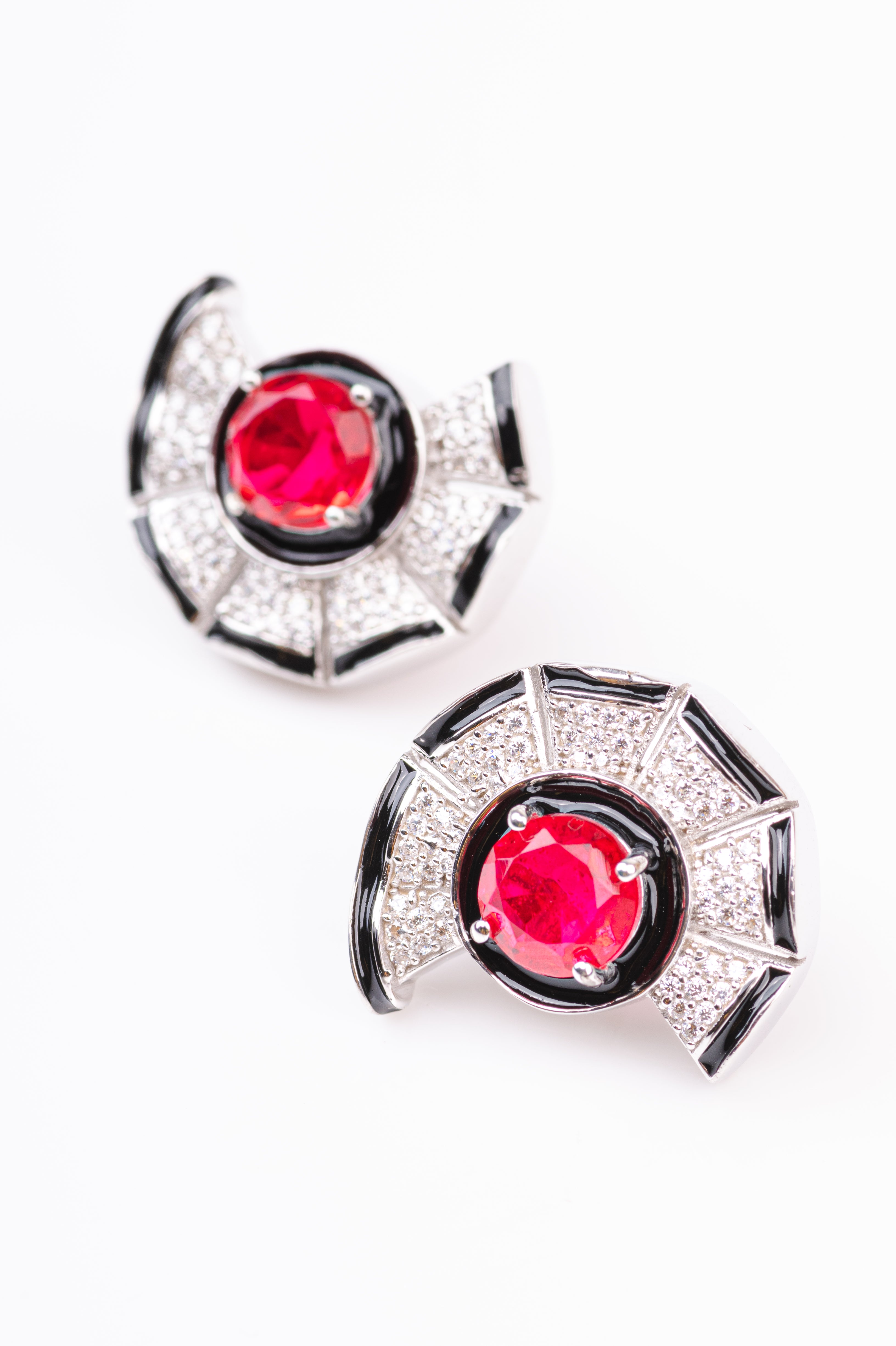 Designer Black Enamel Art Deco Red Colored Stone Sterling Silver Stud Earring