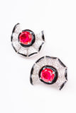 Designer Black Enamel Art Deco Red Colored Stone Sterling Silver Stud Earring