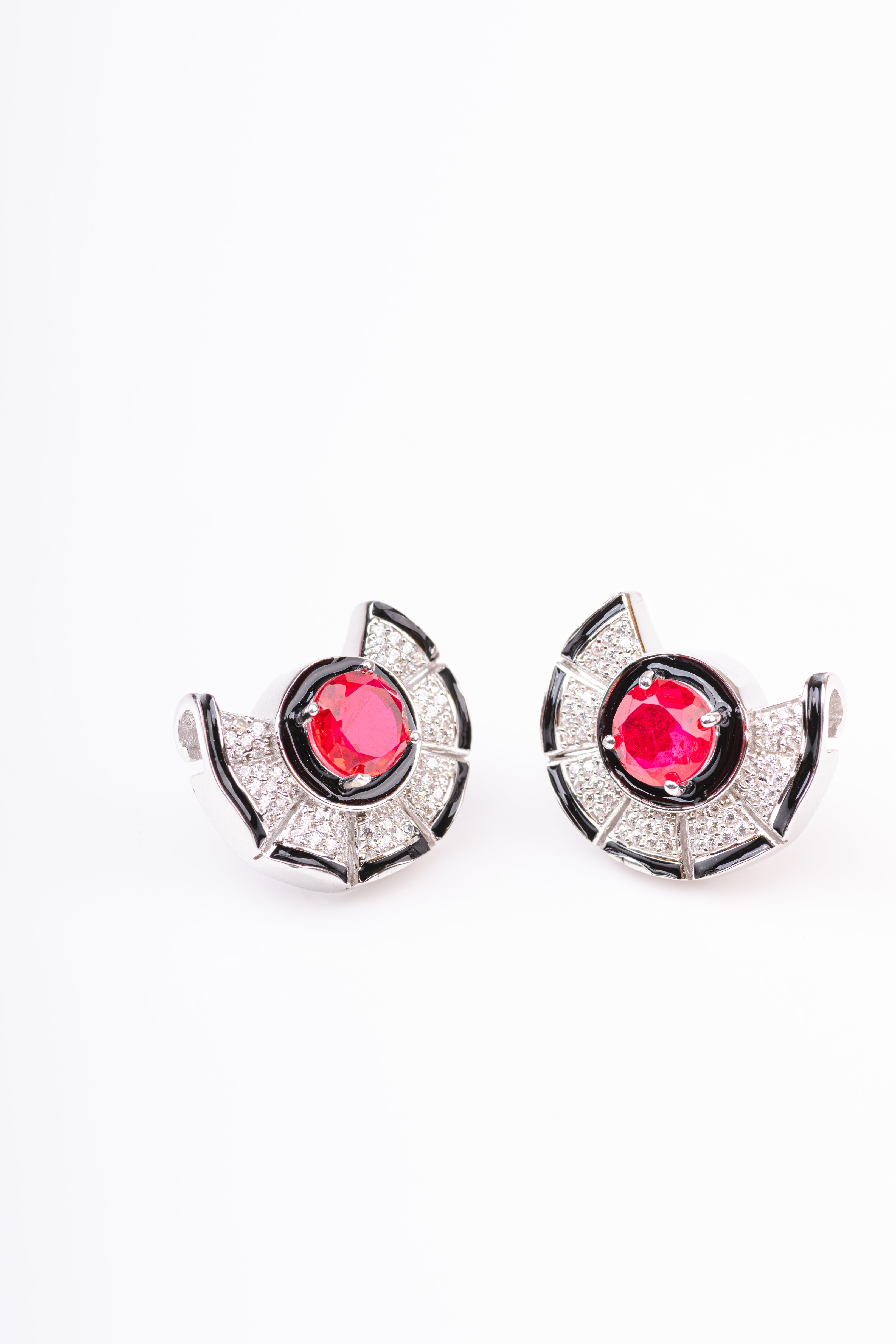 Designer Black Enamel Art Deco Red Colored Stone Sterling Silver Stud Earring