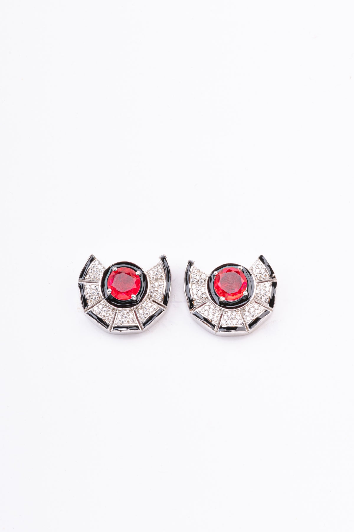 Designer Black Enamel Art Deco Red Colored Stone Sterling Silver Stud Earring