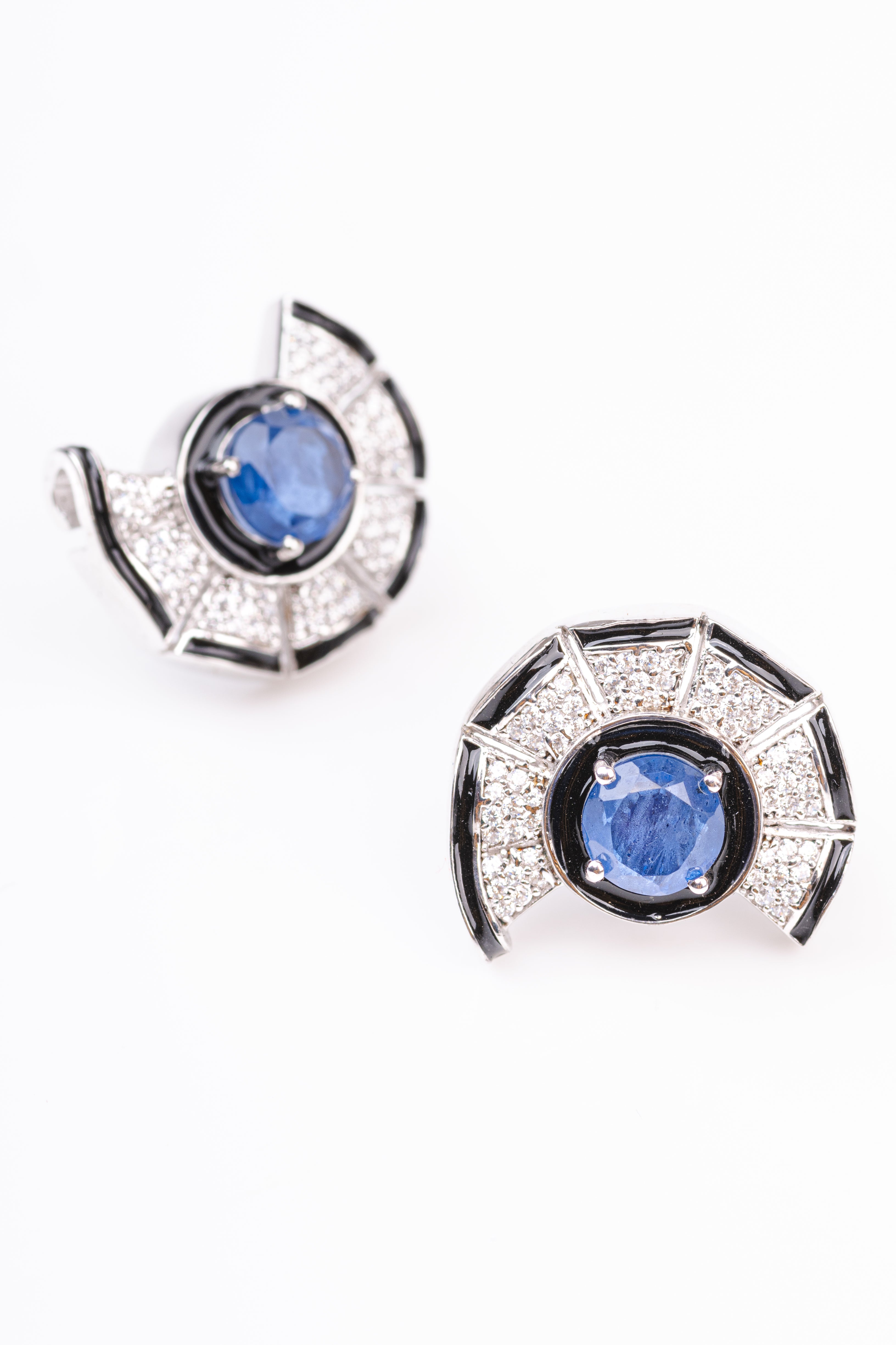 Designer Black Enamel Art Deco Blue Colored Stone Sterling Silver Stud Earring