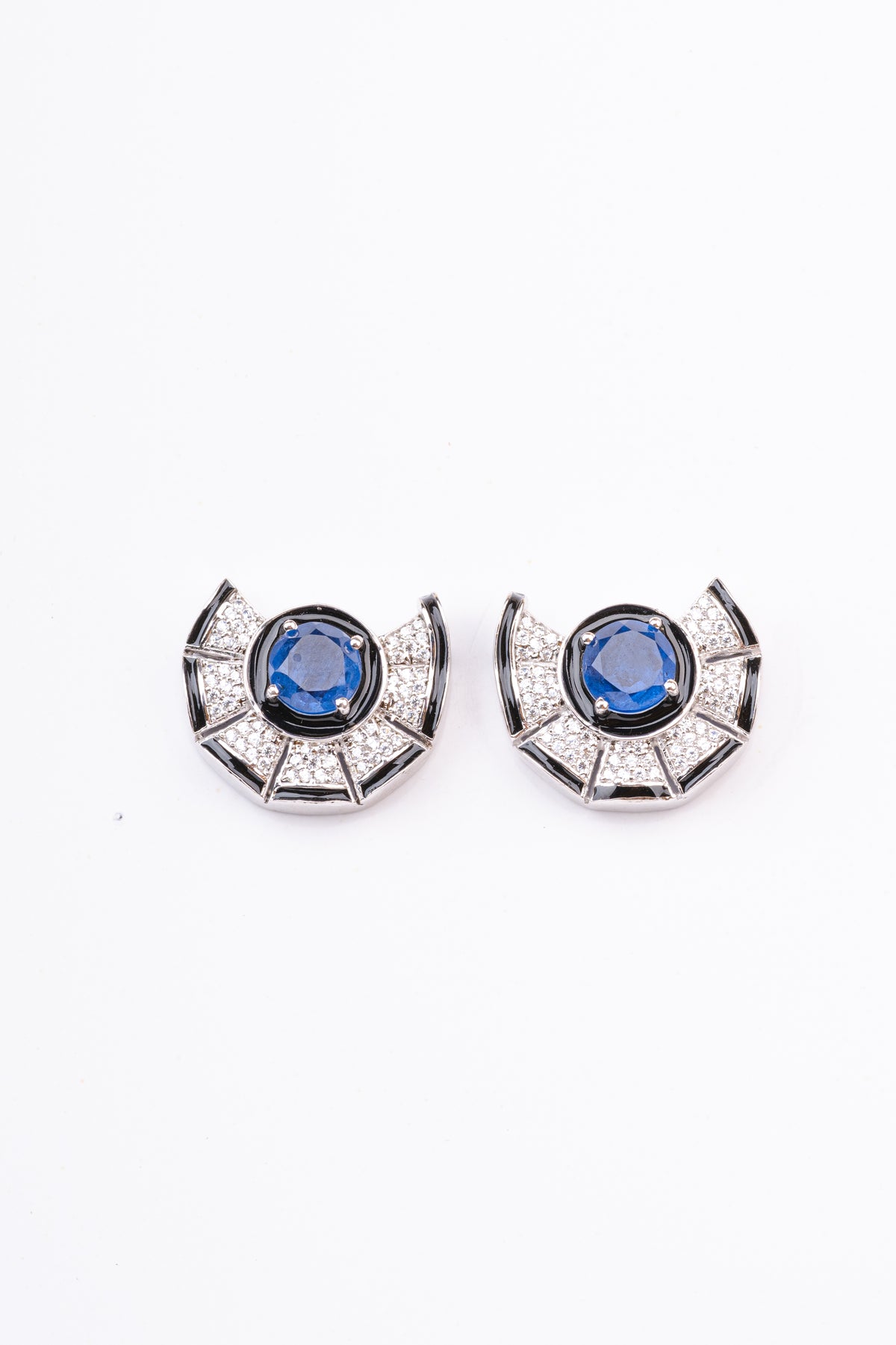 Designer Black Enamel Art Deco Blue Colored Stone Sterling Silver Stud Earring