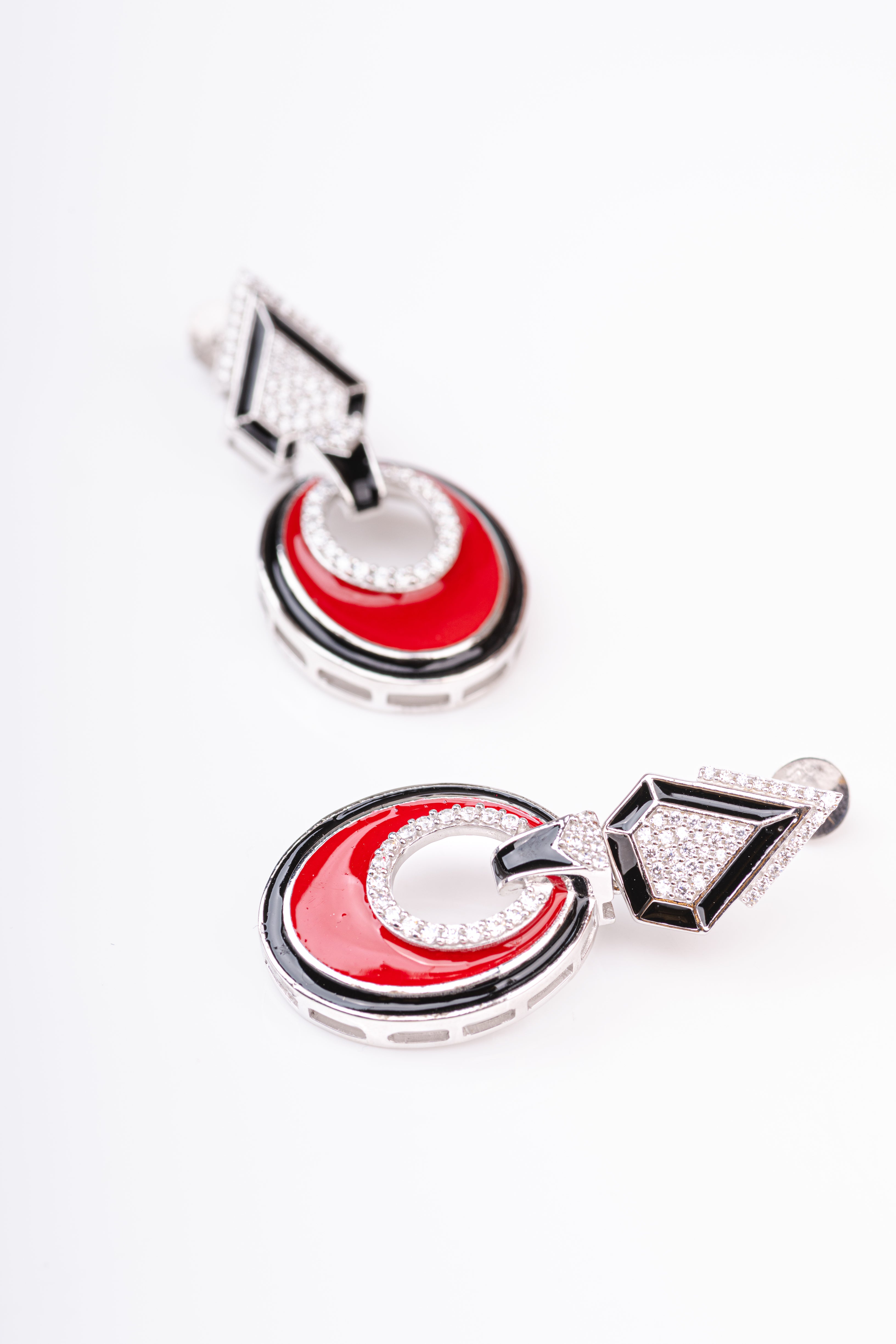 Black and Red Enamelled Sterling Silver Dangler Earring