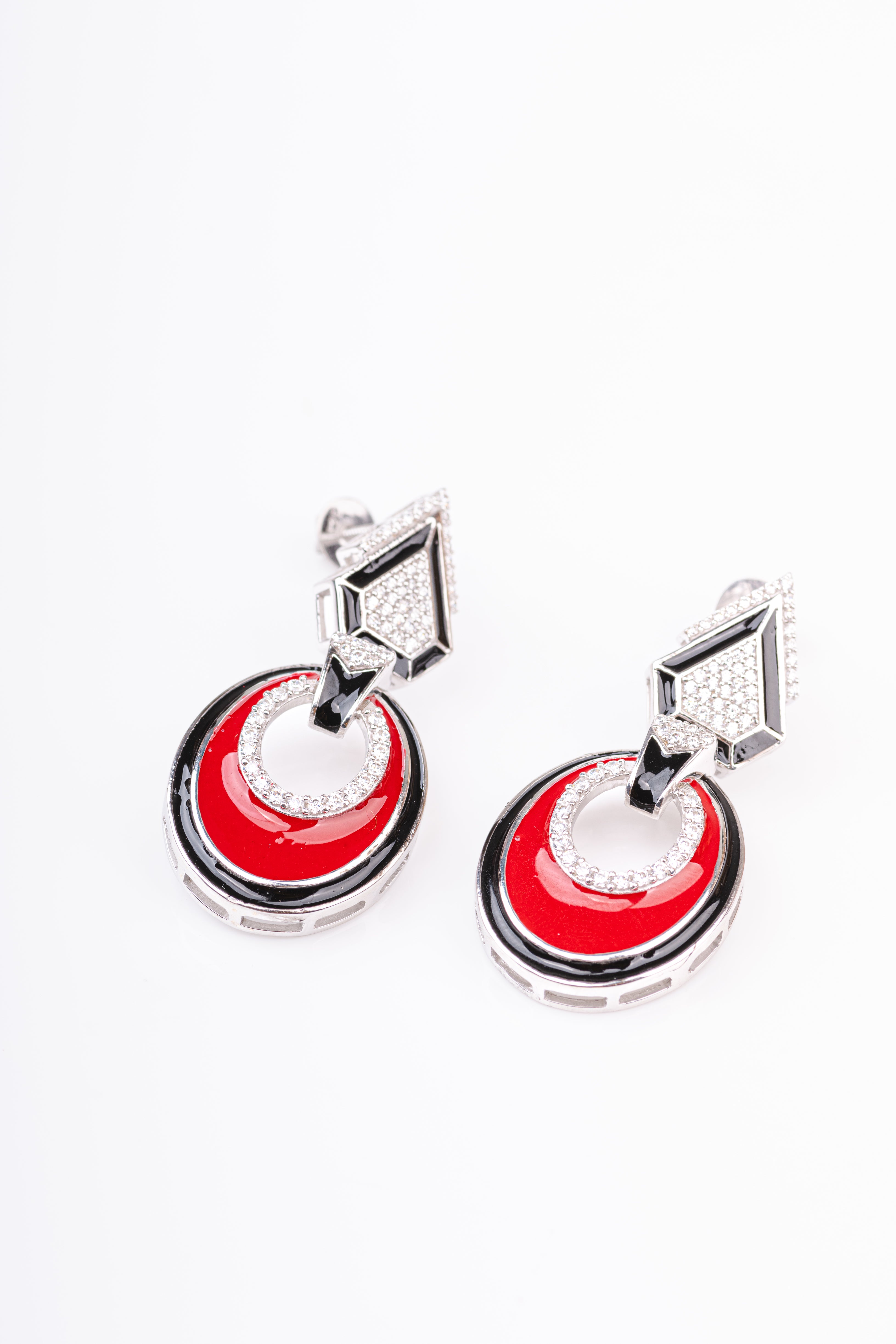 Black and Red Enamelled Sterling Silver Dangler Earring