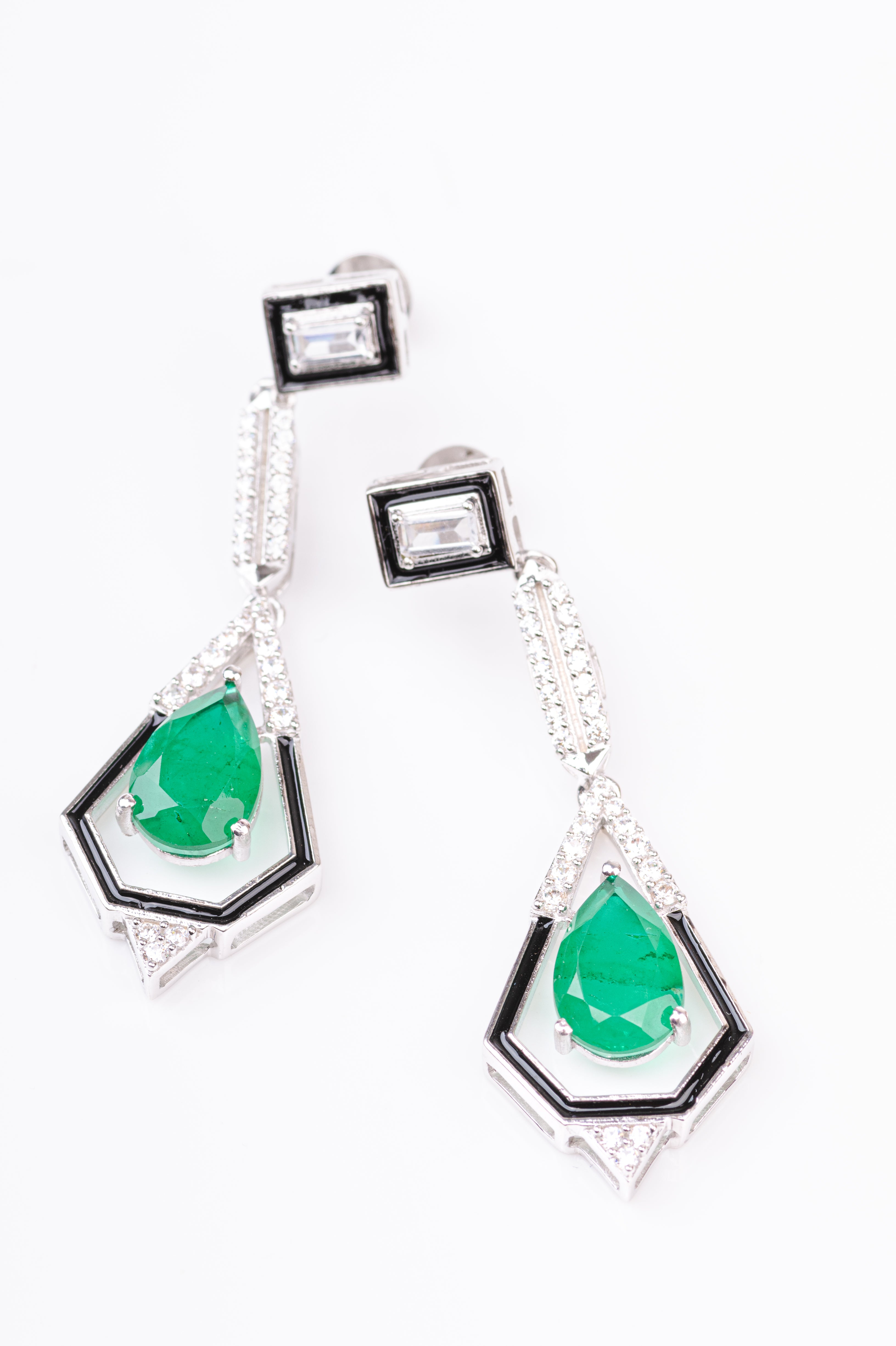 Art Deco Black Enamel Green Stone Sterling Silver Dangler Earring