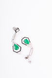 Art Deco Black Enamel Green Stone Sterling Silver Dangler Earring