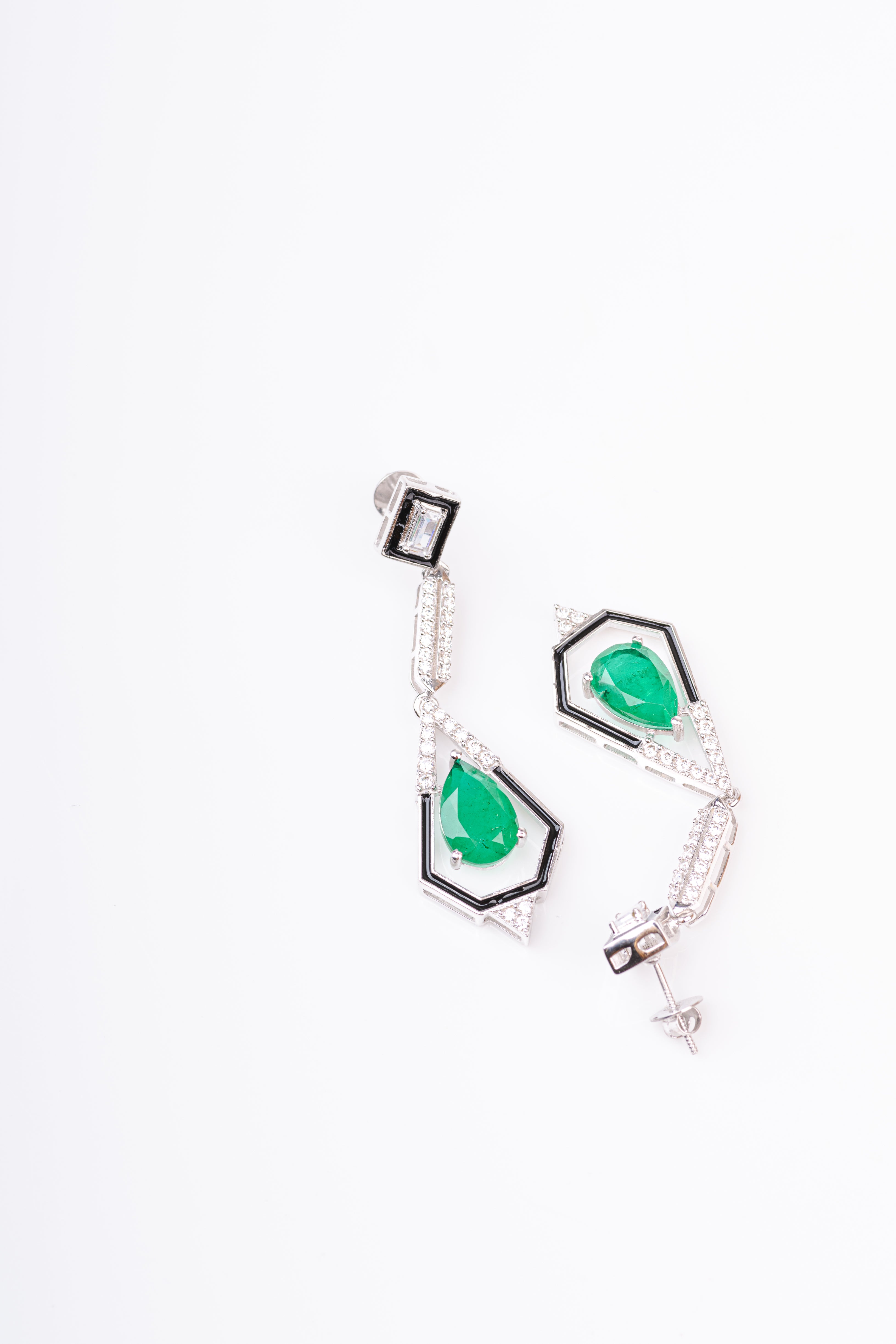 Art Deco Black Enamel Green Stone Sterling Silver Dangler Earring