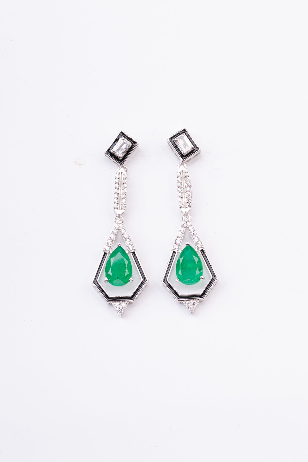 Art Deco Black Enamel Green Stone Sterling Silver Dangler Earring