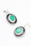 Art Deco Oval Emerald and Black Enamel Sterling Silver Dangler Earring