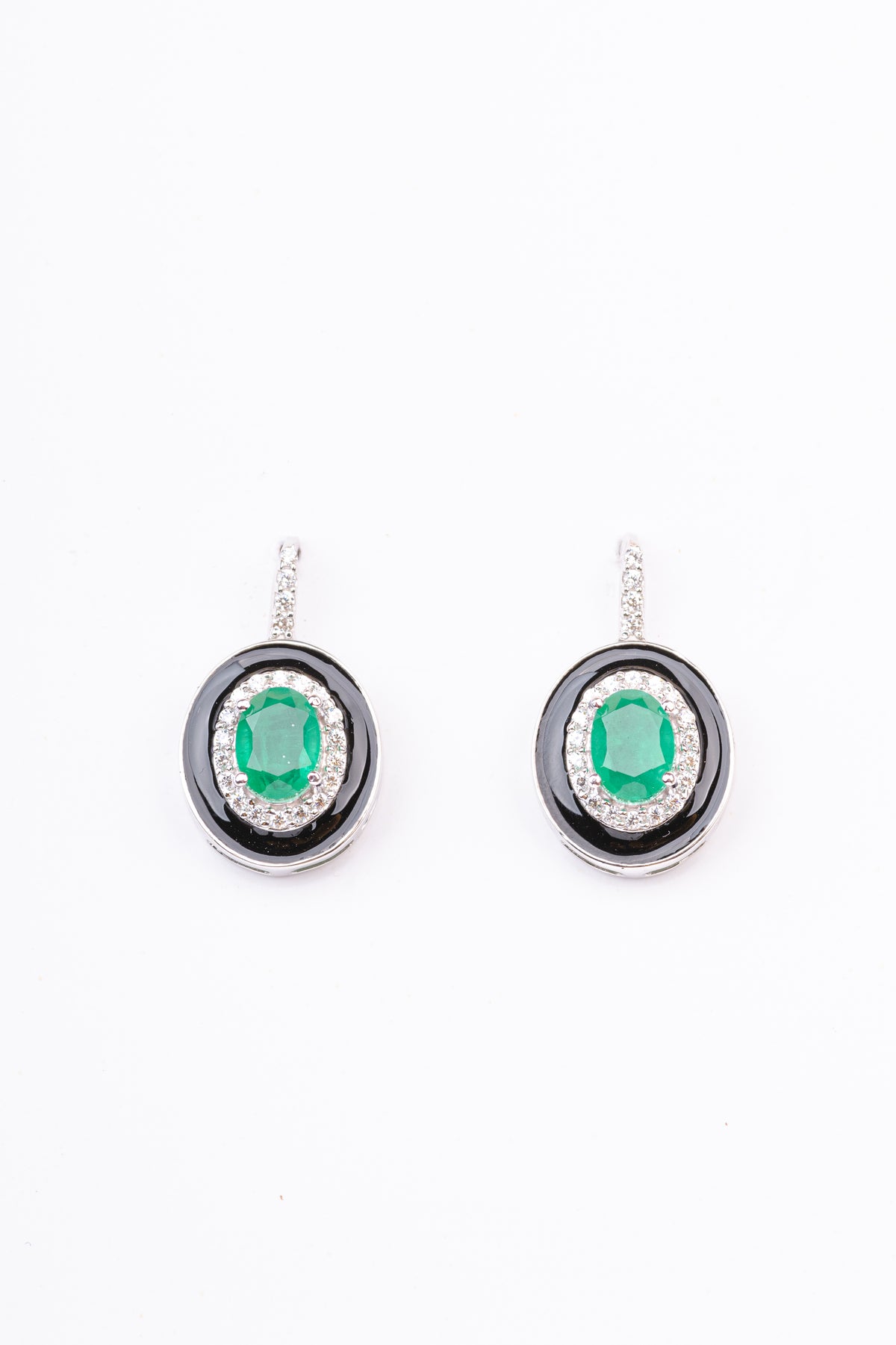 Art Deco Oval Emerald and Black Enamel Sterling Silver Dangler Earring