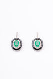 Art Deco Oval Emerald and Black Enamel Sterling Silver Dangler Earring