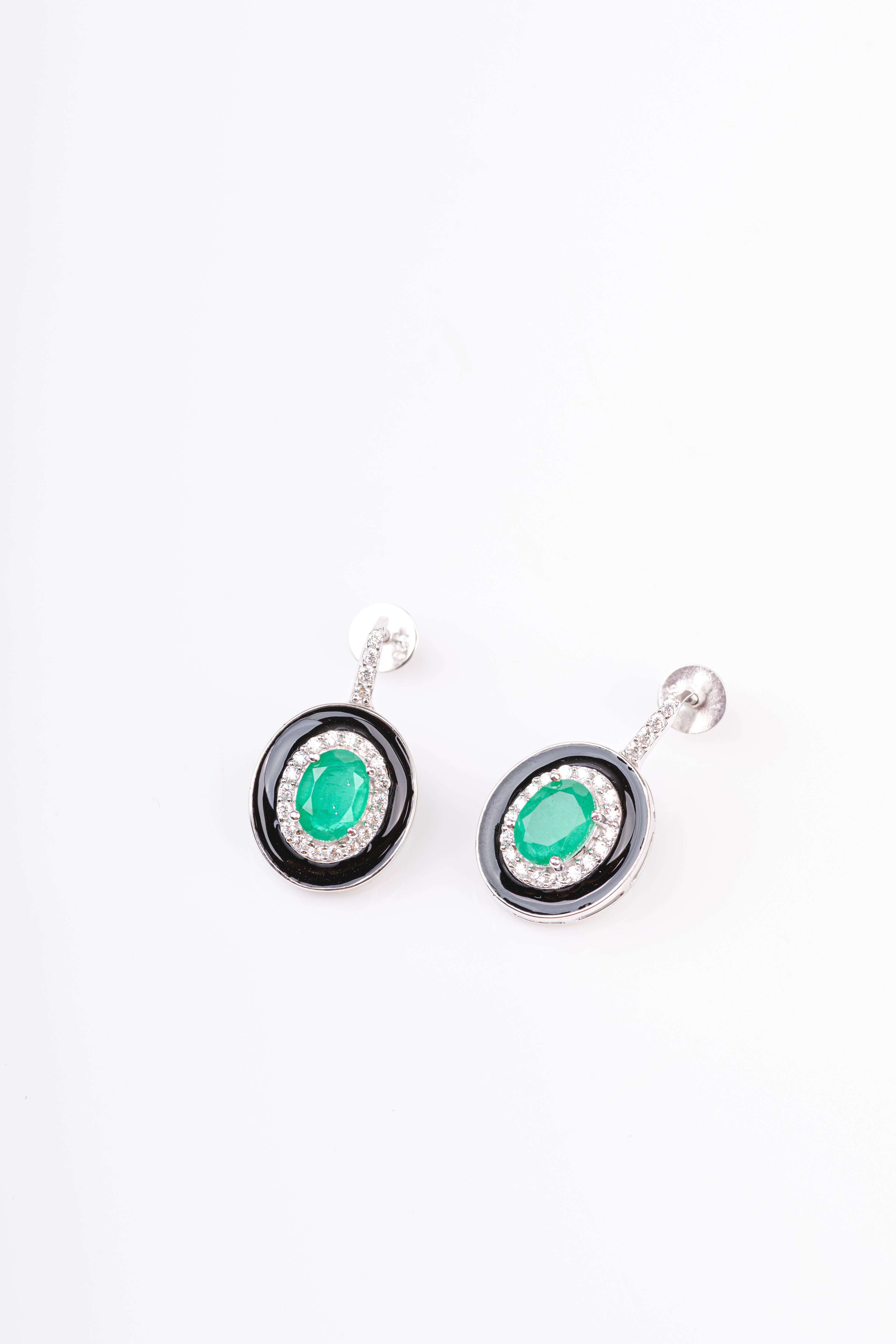 Art Deco Oval Emerald and Black Enamel Sterling Silver Dangler Earring