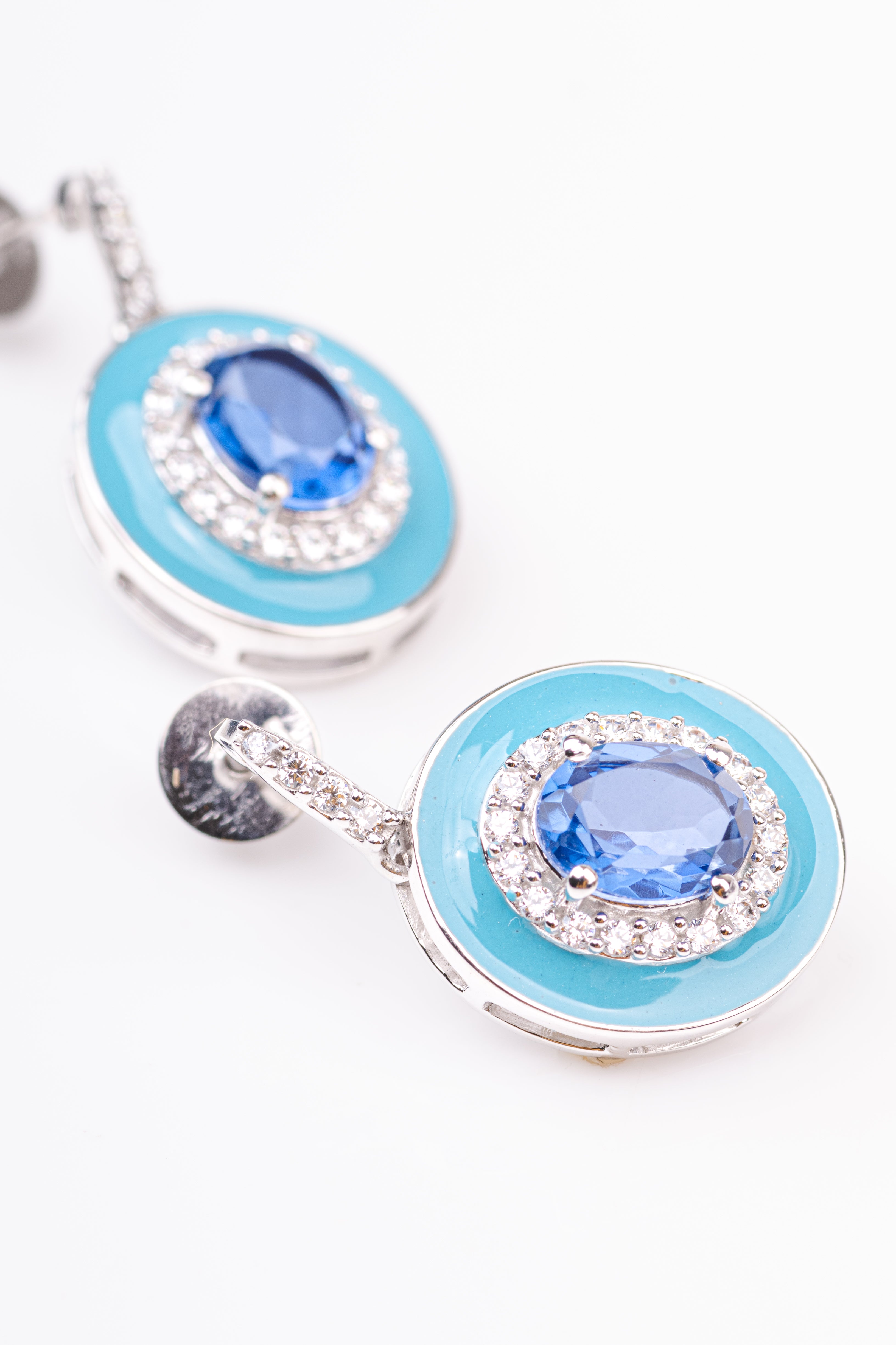 Art Deco Oval Emerald and Turquoise Blue Enamel Sterling Silver Dangler Earring