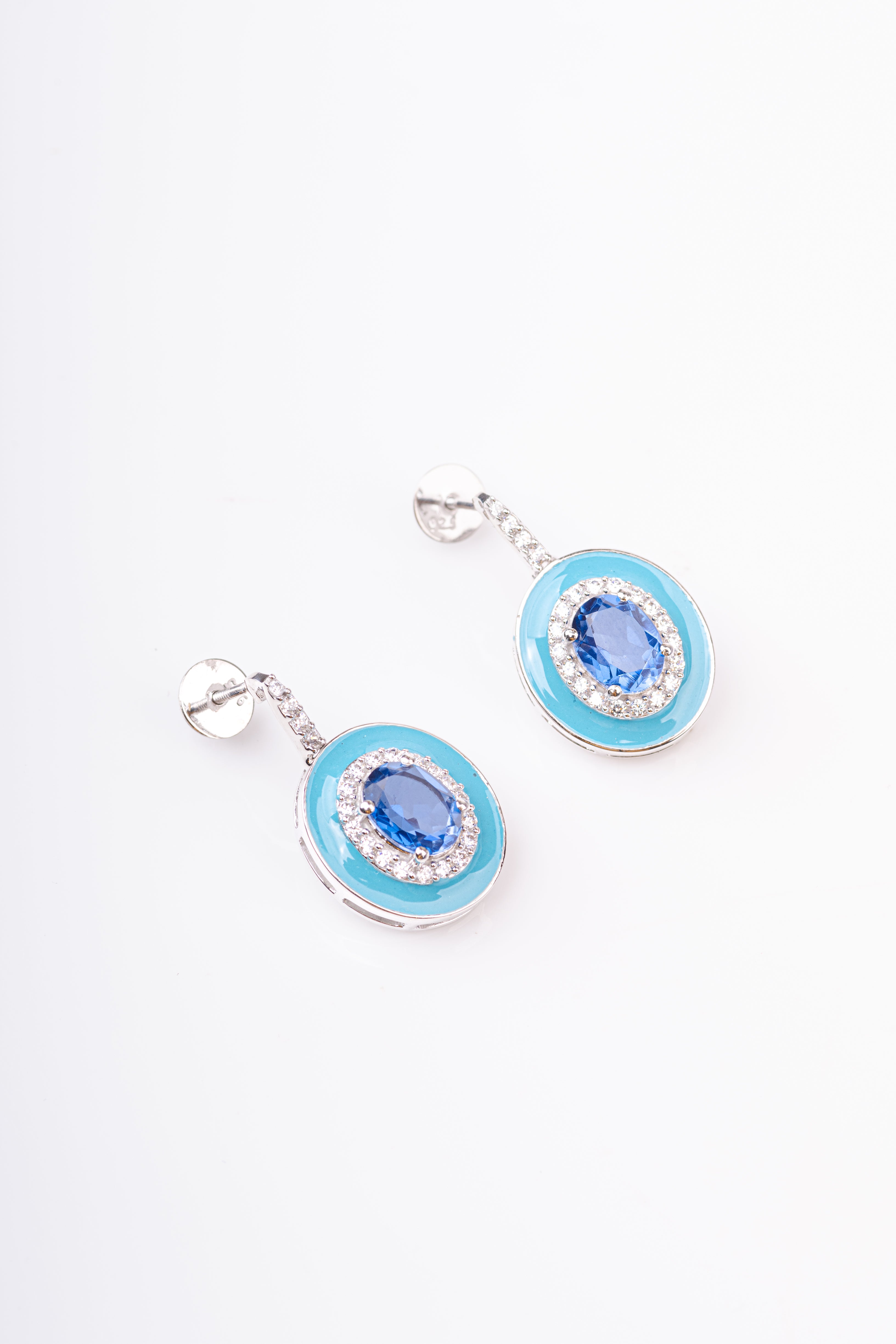 Art Deco Oval Emerald and Turquoise Blue Enamel Sterling Silver Dangler Earring