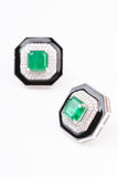 Art Deco Emerald and Black Enamel Sterling Silver Stud Earring
