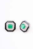 Art Deco Emerald and Black Enamel Sterling Silver Stud Earring