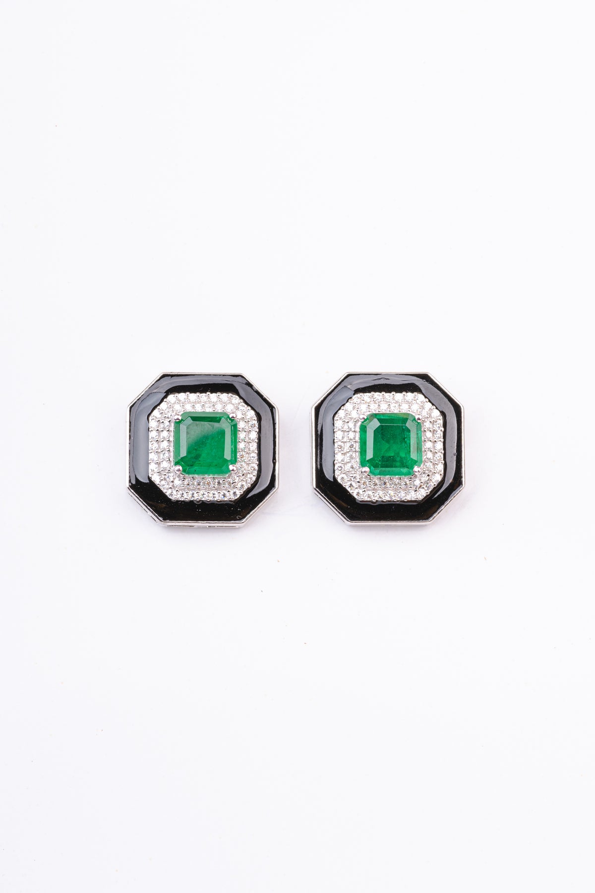 Art Deco Emerald and Black Enamel Sterling Silver Stud Earring