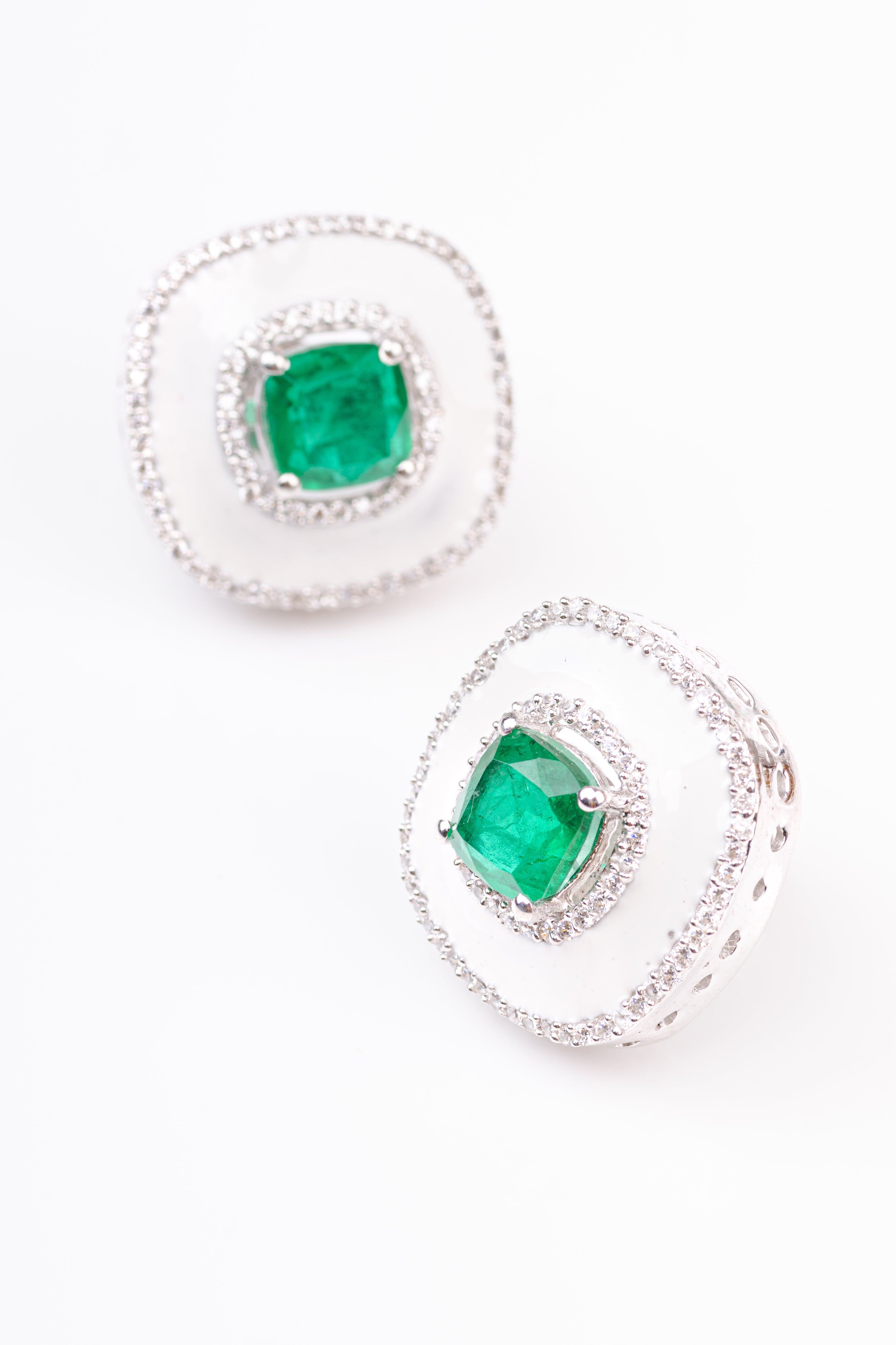 Art Deco White Enamel and Emerald Cushion Sterling Silver Stud Earring
