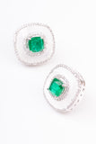 Art Deco White Enamel and Emerald Cushion Sterling Silver Stud Earring