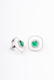 Art Deco White Enamel and Emerald Cushion Sterling Silver Stud Earring