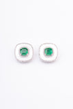 Art Deco White Enamel and Emerald Cushion Sterling Silver Stud Earring