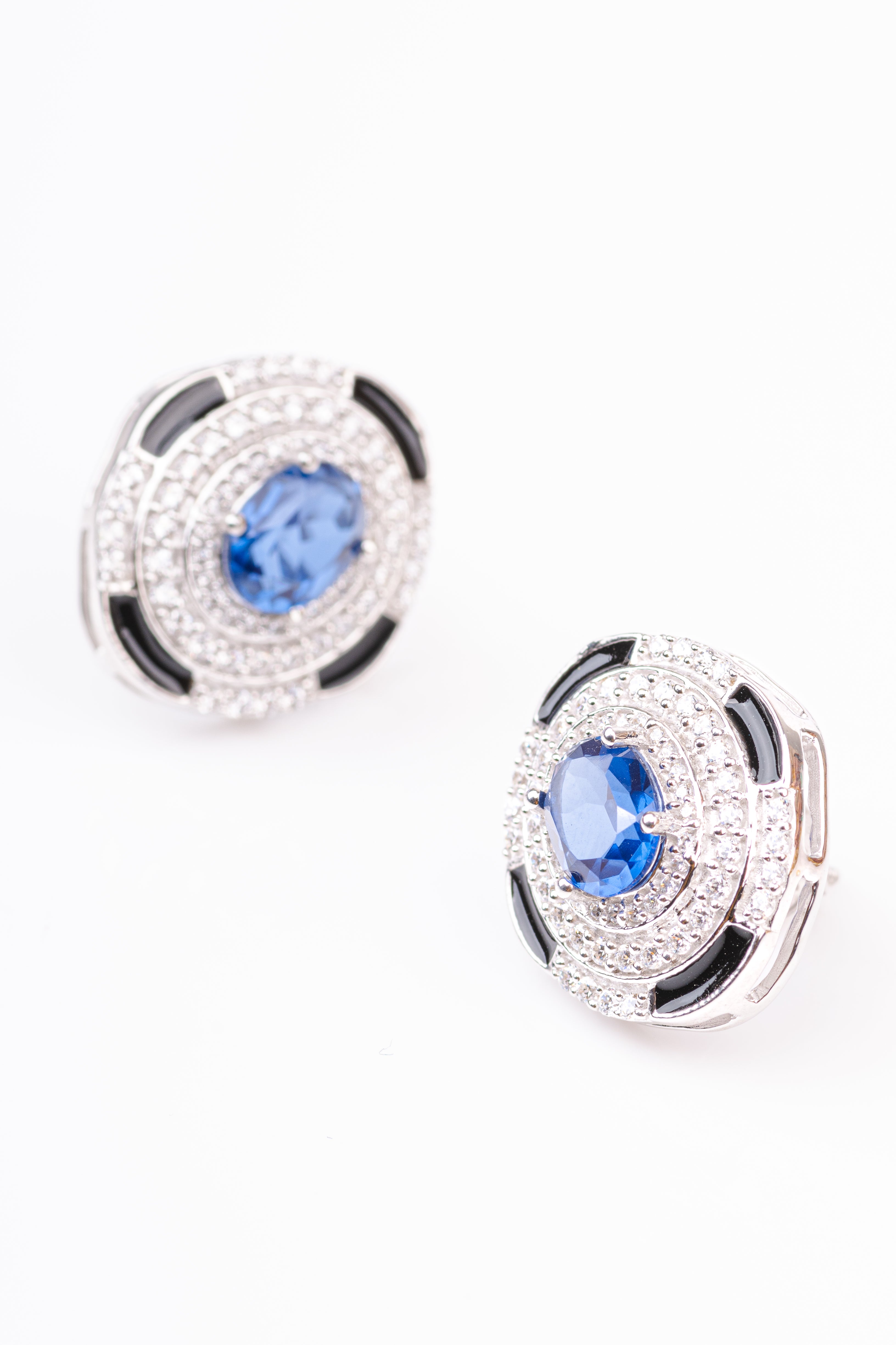 Art Deco Black Enamel Blue Sapphire Oval Design Sterling Silver Stud Earring