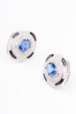 Art Deco Black Enamel Blue Sapphire Oval Design Sterling Silver Stud Earring