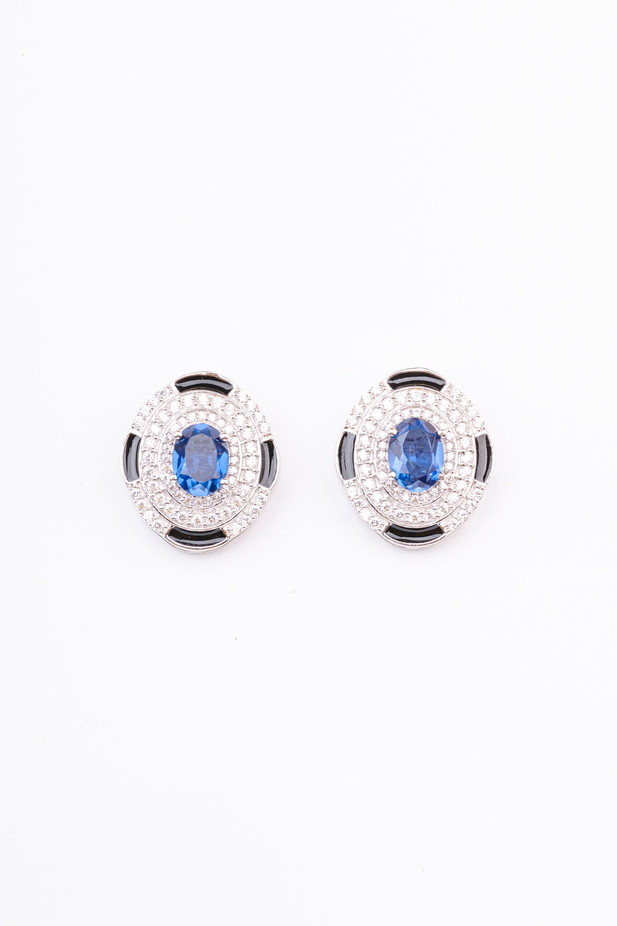 Art Deco Black Enamel Blue Sapphire Oval Design Sterling Silver Stud Earring