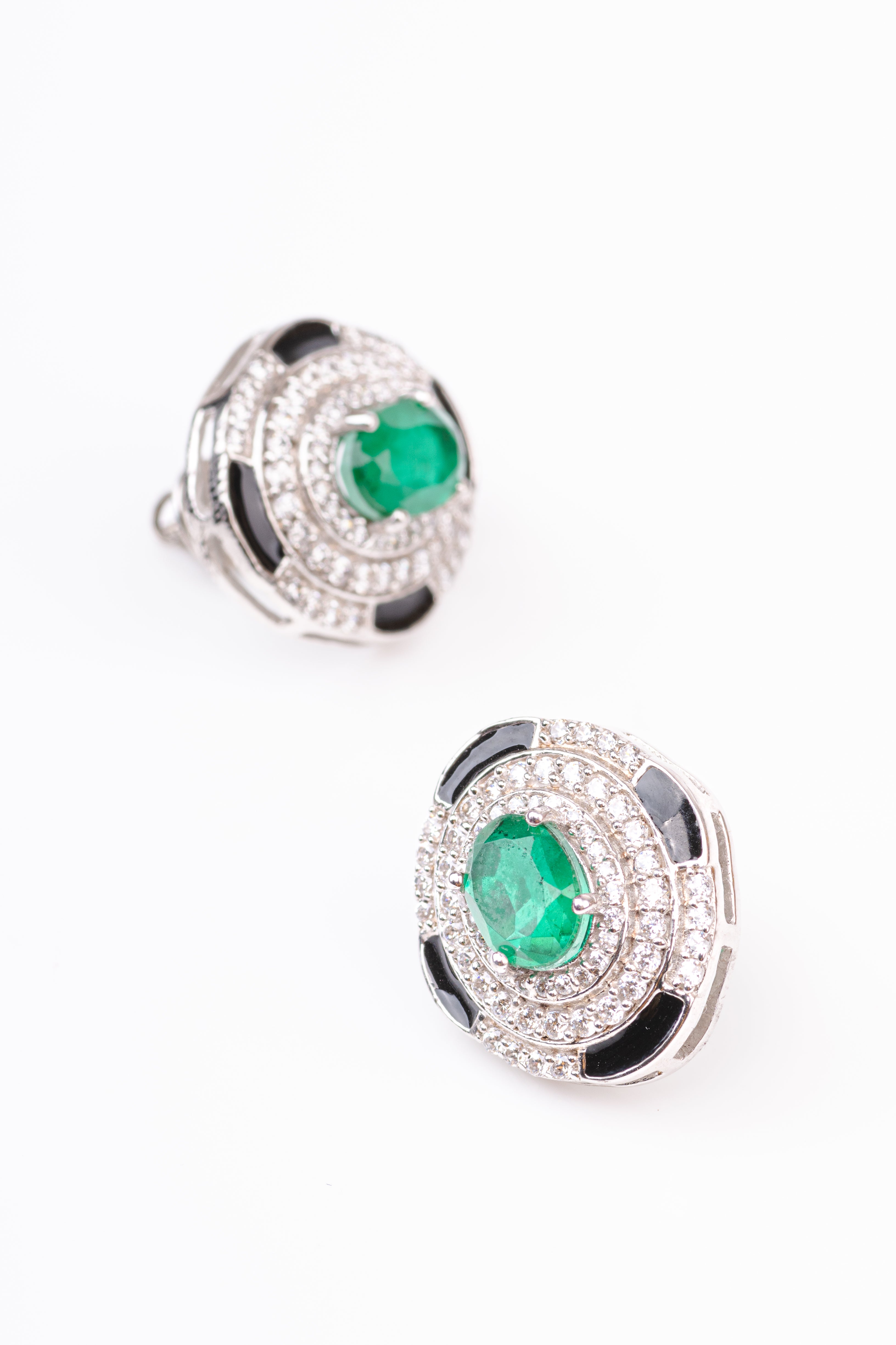 Art Deco Black Enamel Emerald Oval Design Sterling Silver Stud Earring