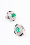 Art Deco Black Enamel Emerald Oval Design Sterling Silver Stud Earring