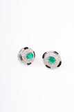 Art Deco Black Enamel Emerald Oval Design Sterling Silver Stud Earring