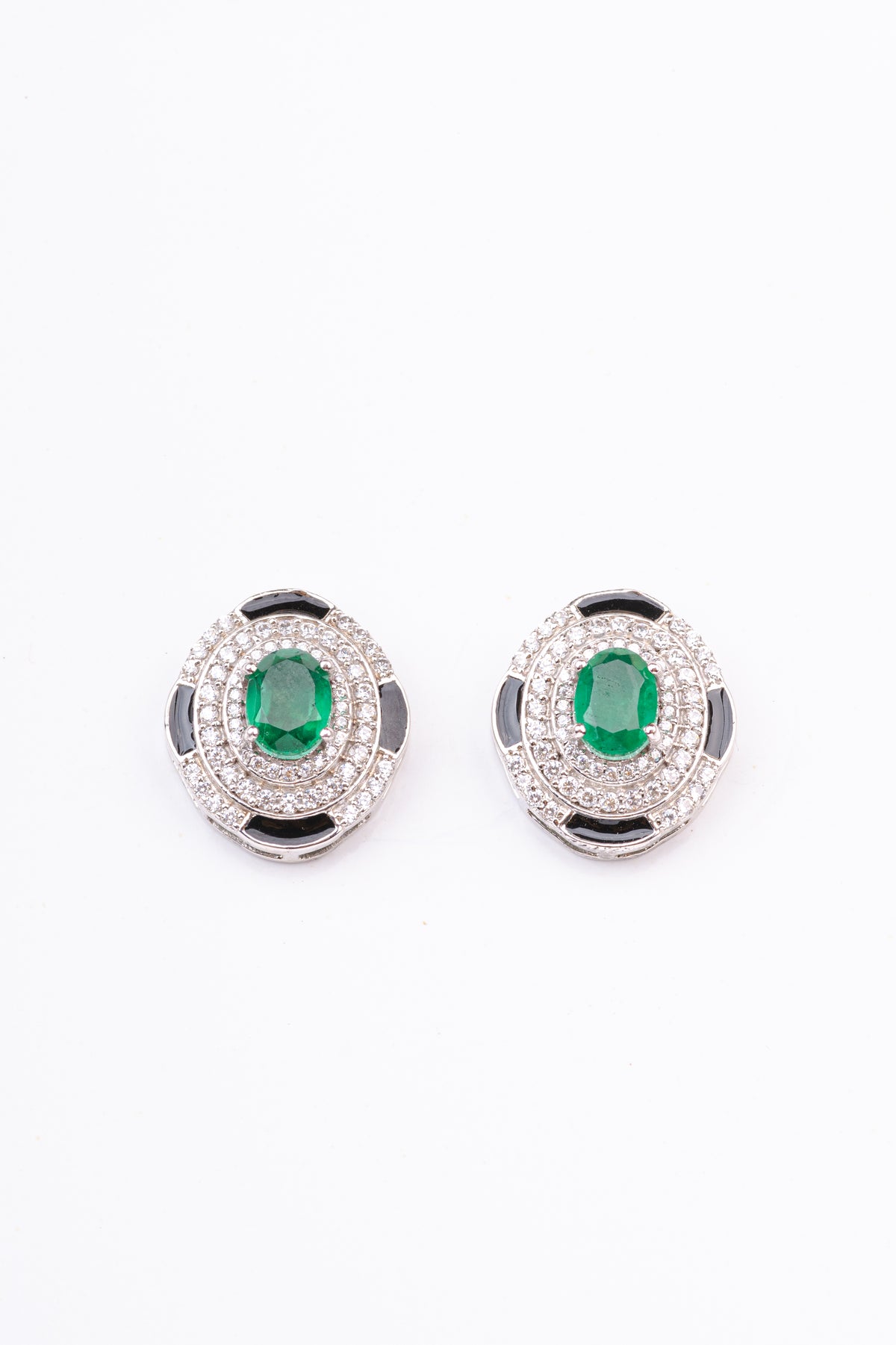 Art Deco Black Enamel Emerald Oval Design Sterling Silver Stud Earring