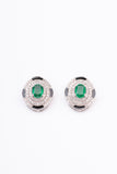 Art Deco Black Enamel Emerald Oval Design Sterling Silver Stud Earring