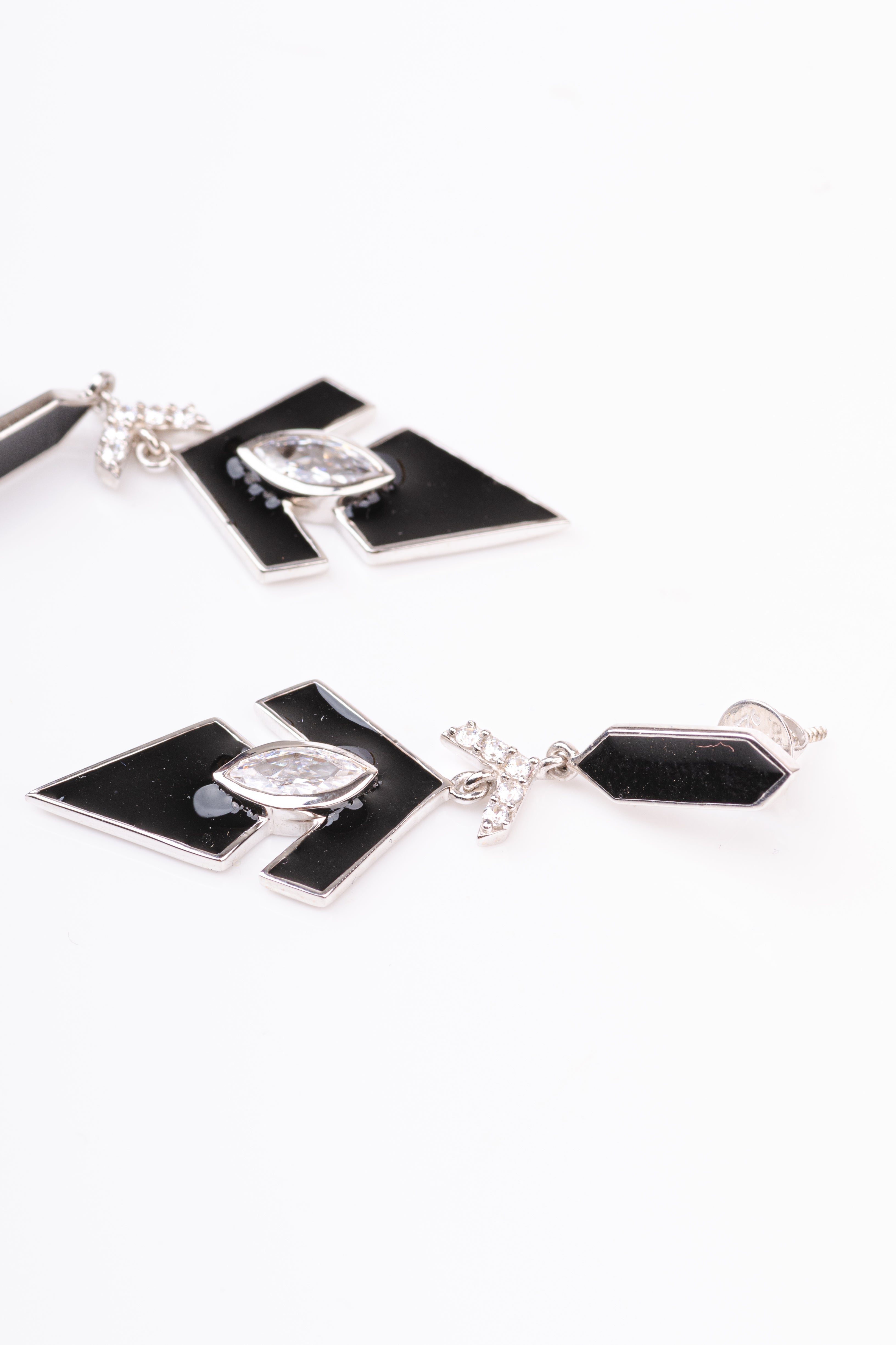 American Diamond Studded Black Enamel Sterling Silver Dangler Earring