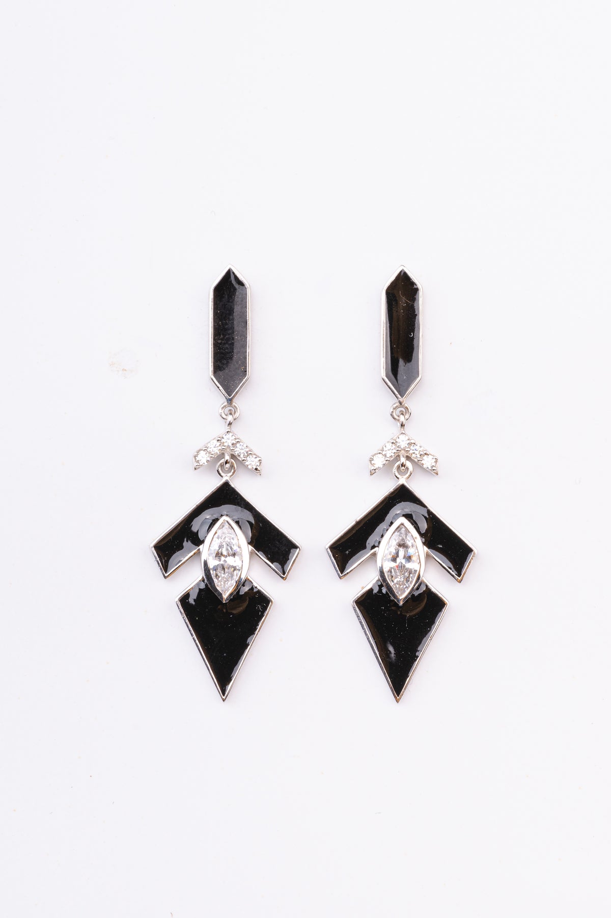 American Diamond Studded Black Enamel Sterling Silver Dangler Earring