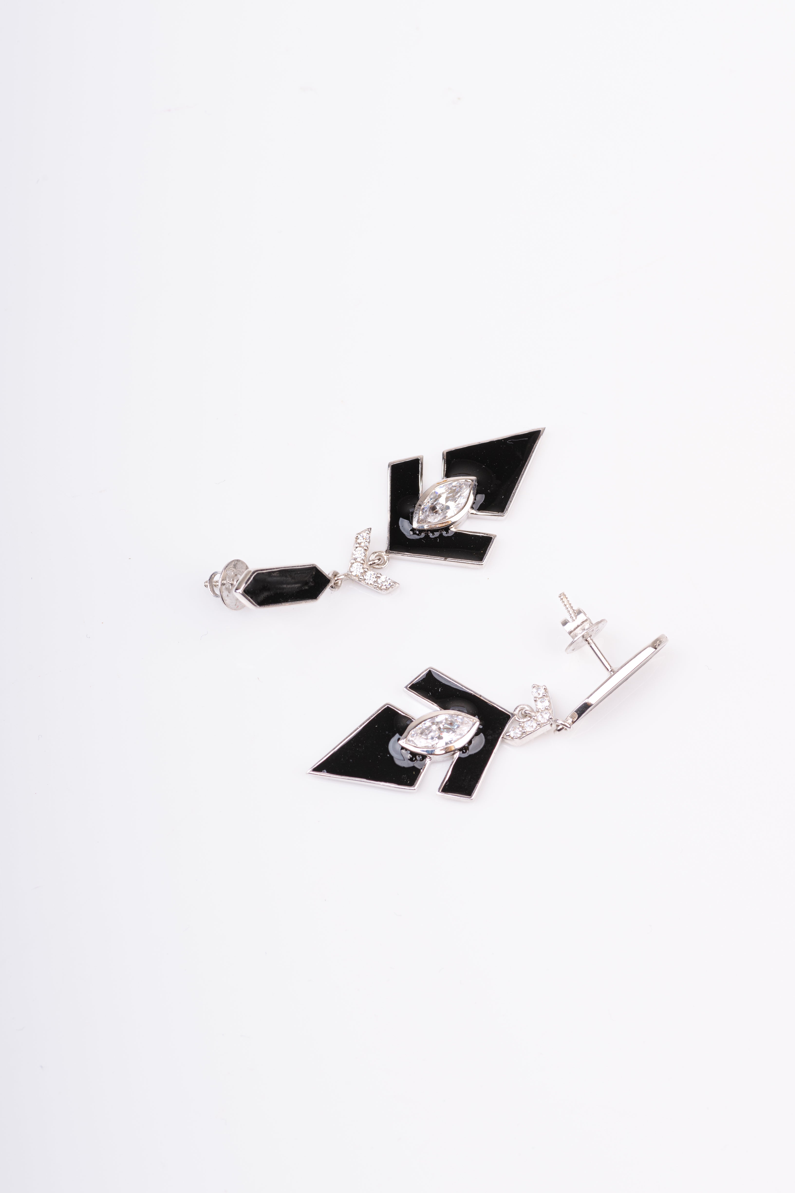 American Diamond Studded Black Enamel Sterling Silver Dangler Earring