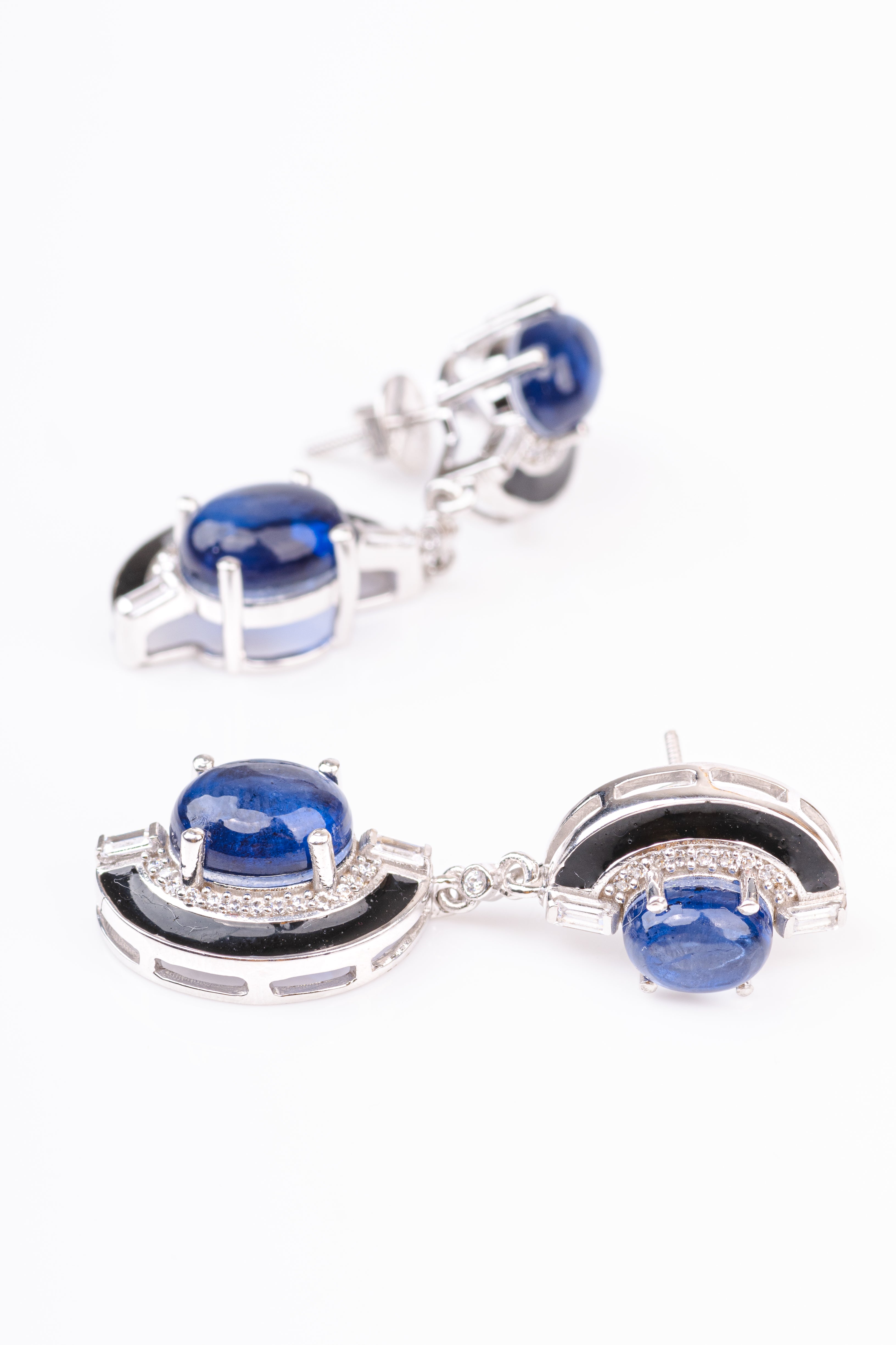 Blue Sapphire and Black Enamel Sterling Silver Dangler Earring