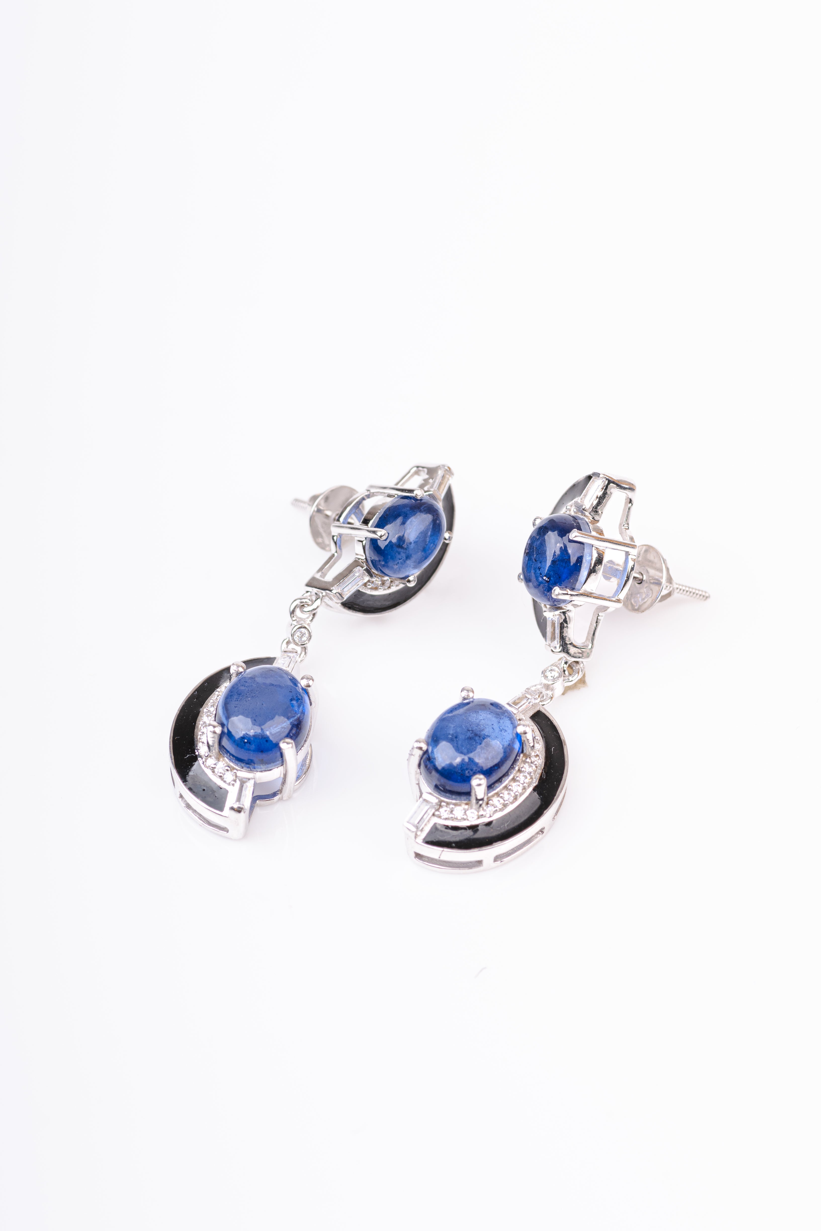 Blue Sapphire and Black Enamel Sterling Silver Dangler Earring