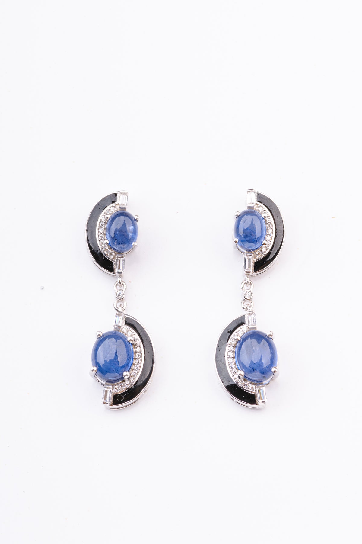 Blue Sapphire and Black Enamel Sterling Silver Dangler Earring