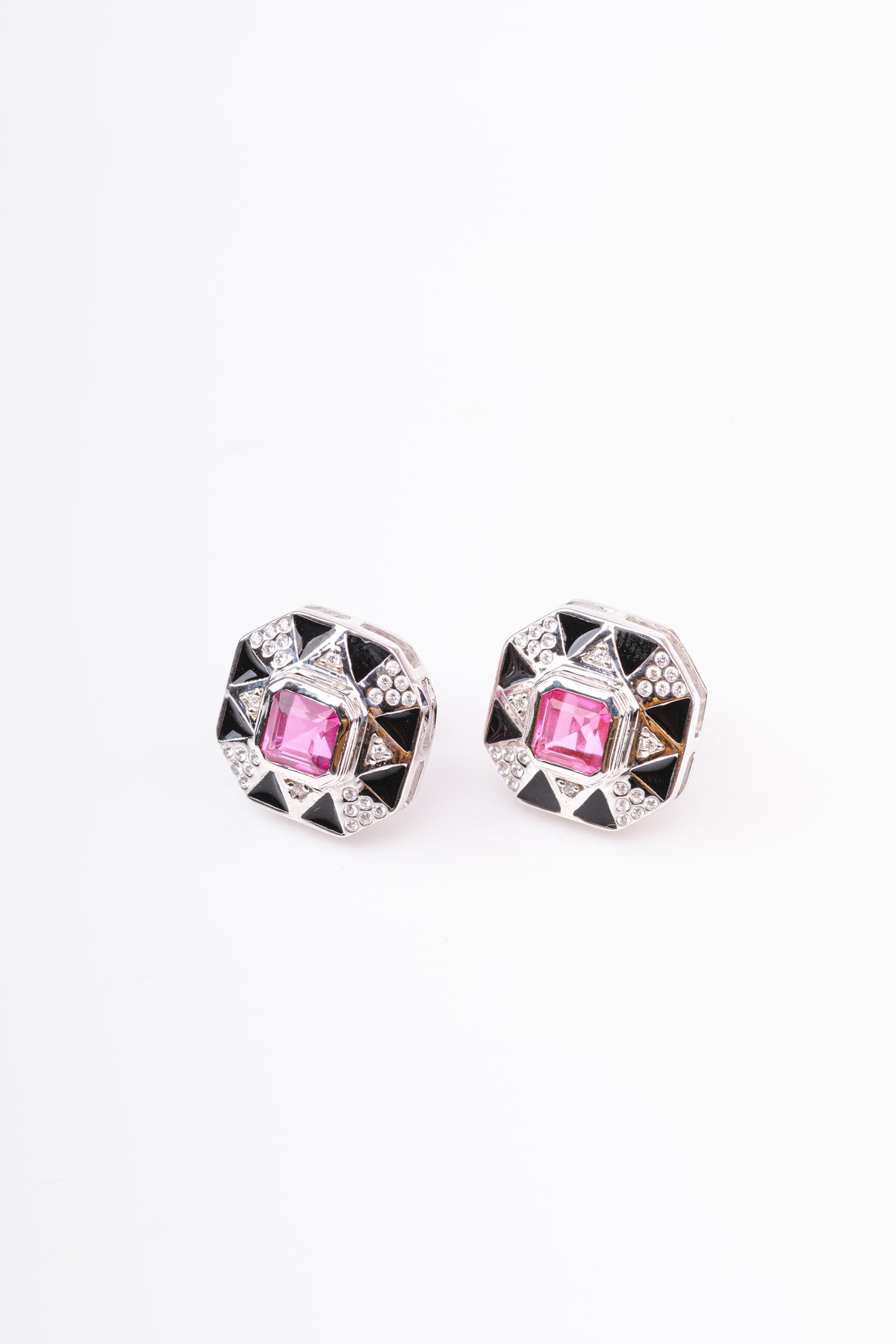 Squarish Pink Kunzite and Black Enamel Sterling Silver Stud Earring