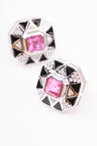 Squarish Pink Kunzite and Black Enamel Sterling Silver Stud Earring