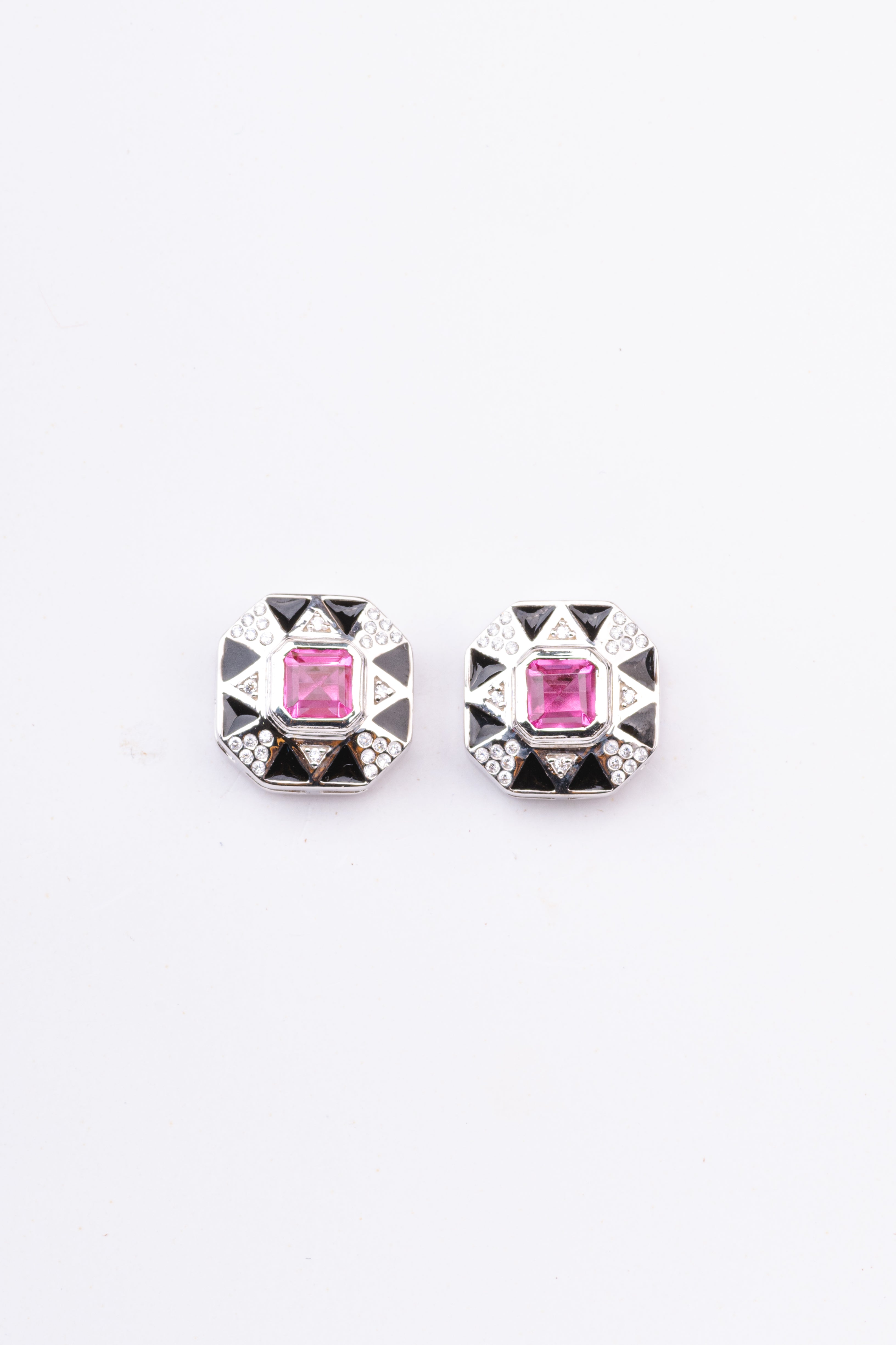 Squarish Pink Kunzite and Black Enamel Sterling Silver Stud Earring