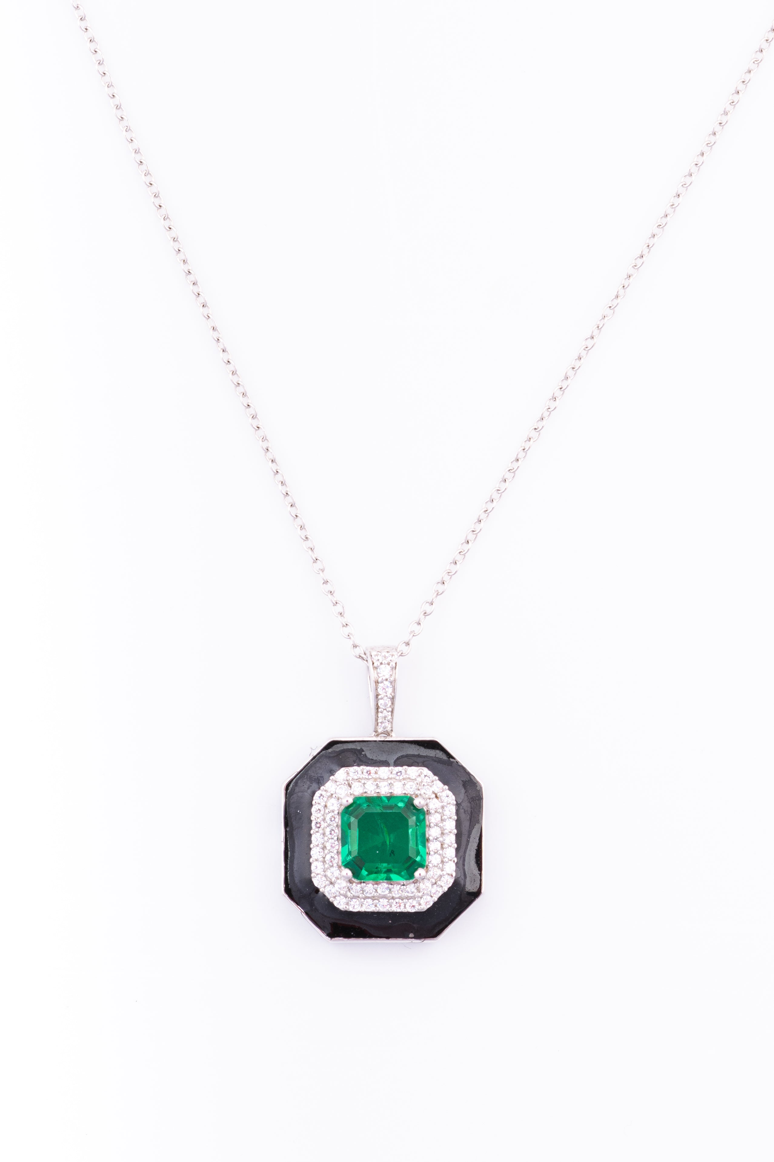 Art Deco Emerald and Black Enamel Sterling Silver Pendant