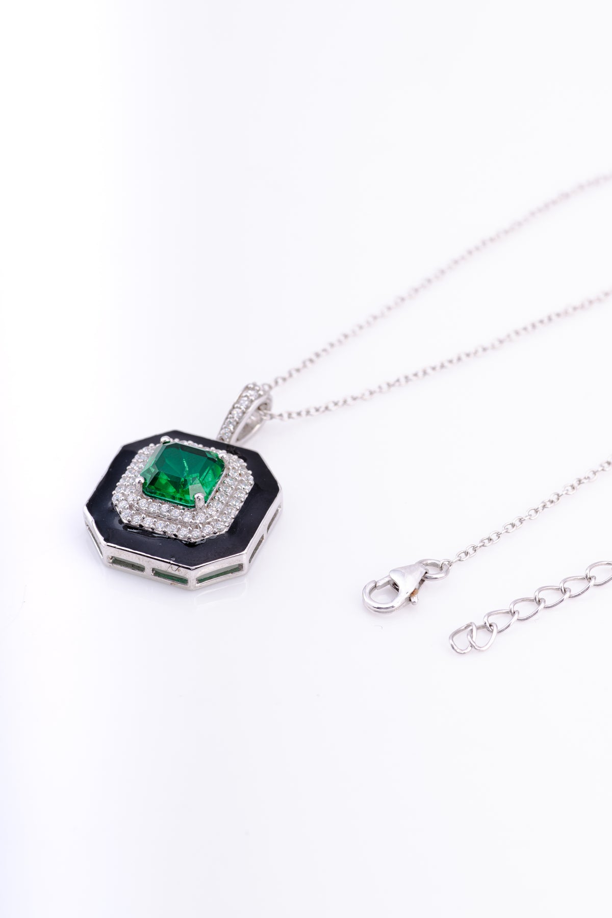 Art Deco Emerald and Black Enamel Sterling Silver Pendant