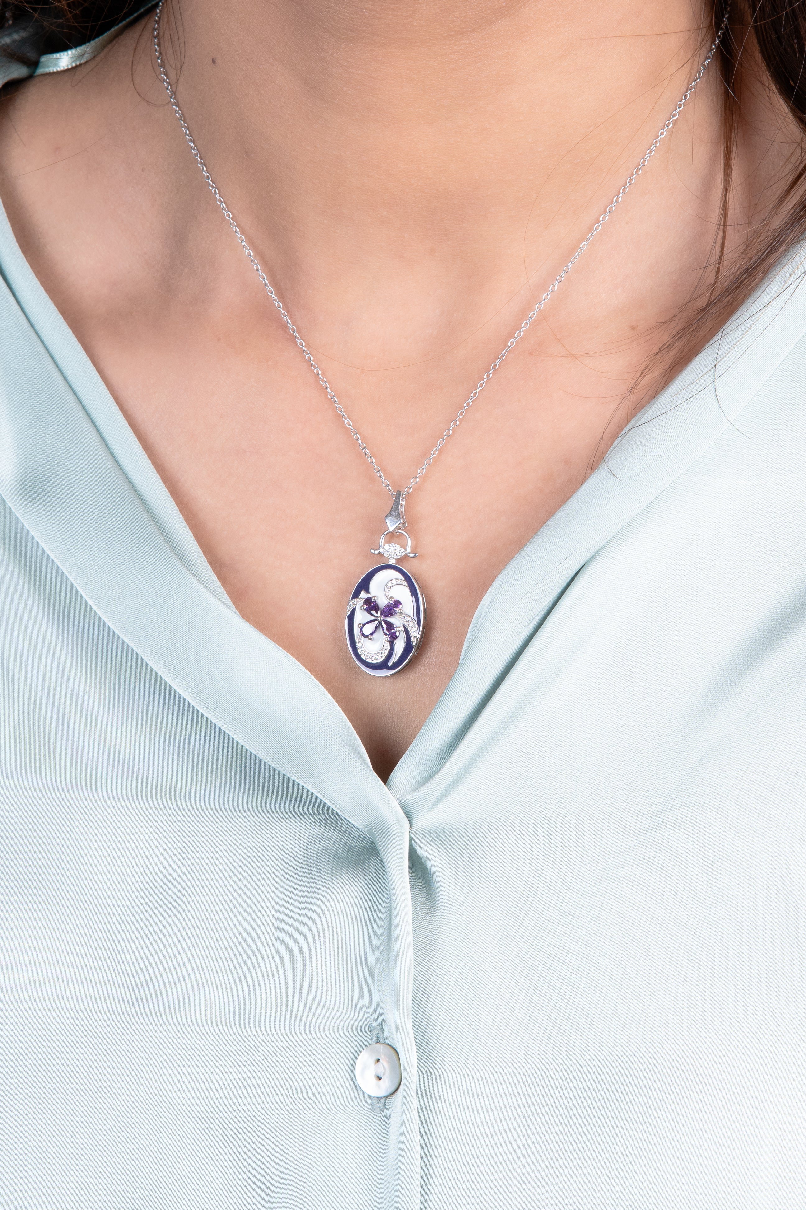 Amethyst Color and White Enamel Sterling Silver Pendant