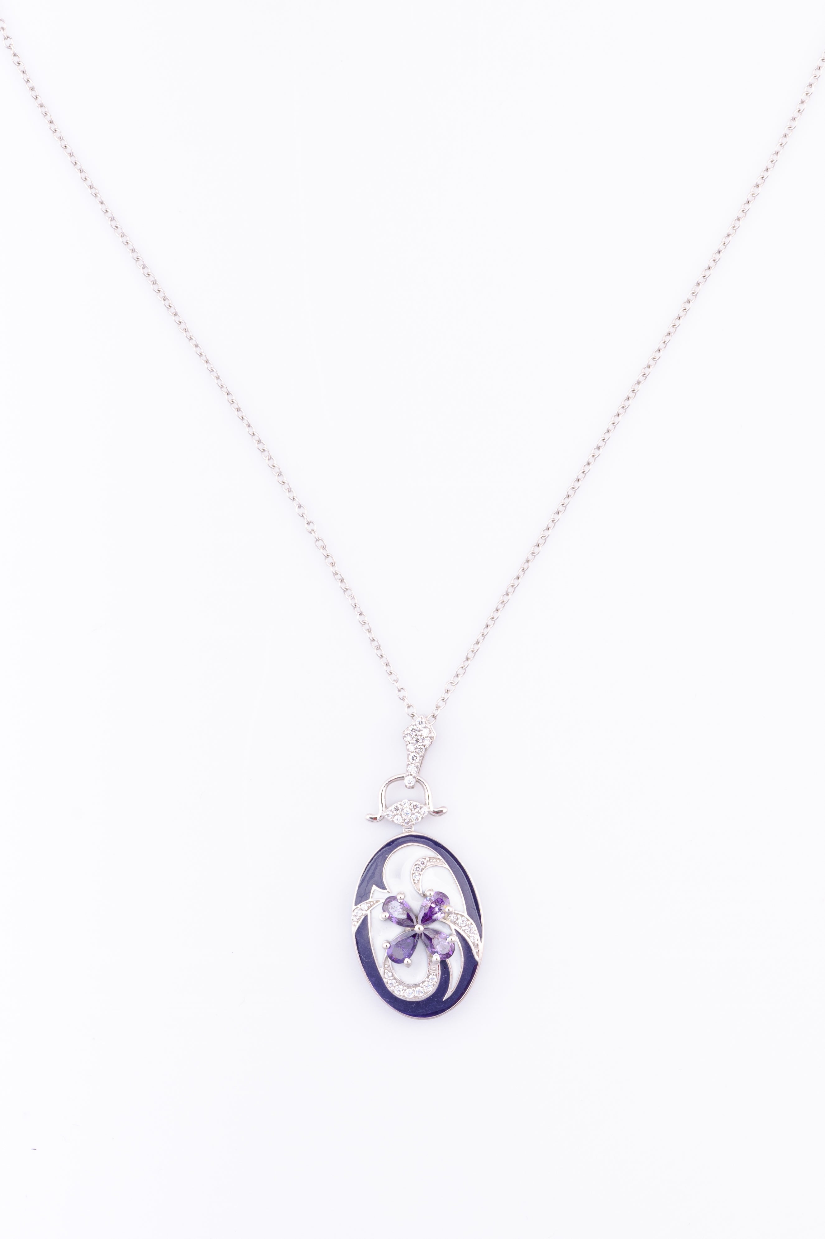 Amethyst Color and White Enamel Sterling Silver Pendant