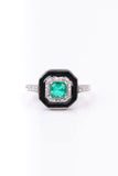 Classy Art Deco Green Center Black Enamel Sterling Silver Ring