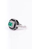 Classy Art Deco Green Center Black Enamel Sterling Silver Ring