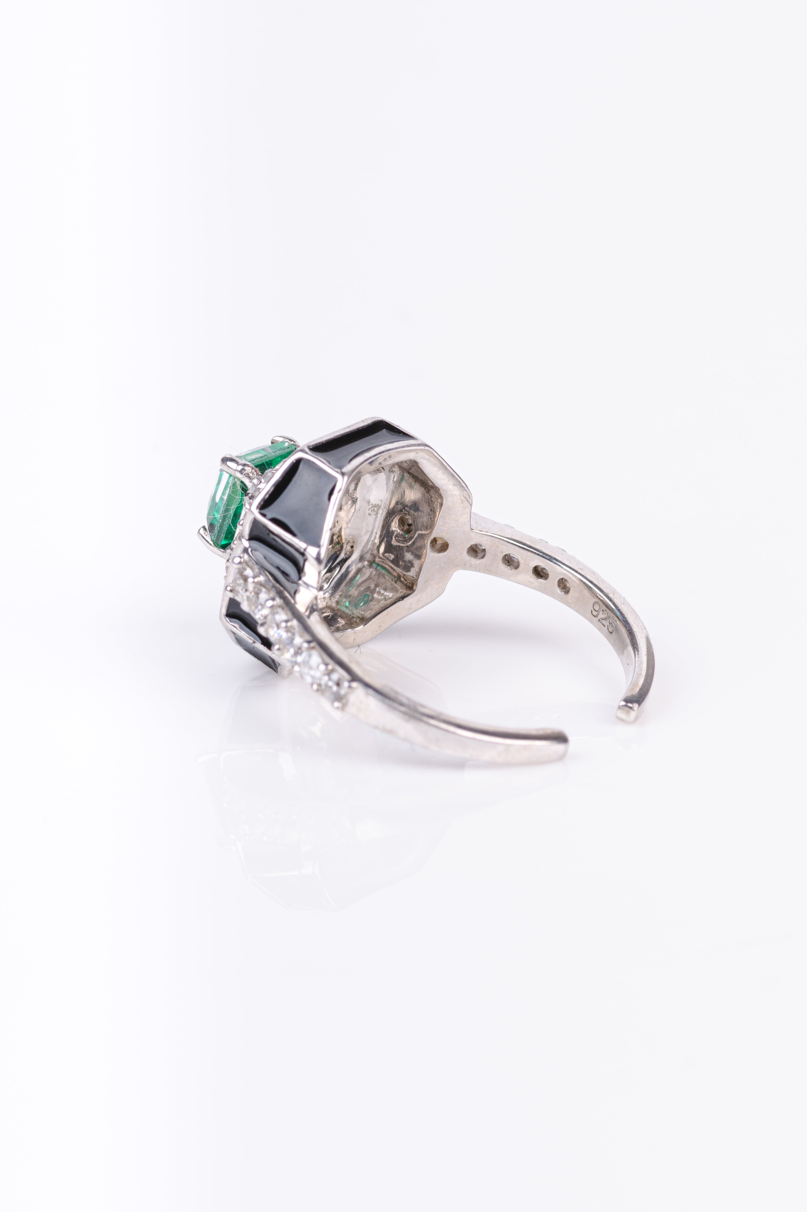 Classy Art Deco Green Center Black Enamel Sterling Silver Ring